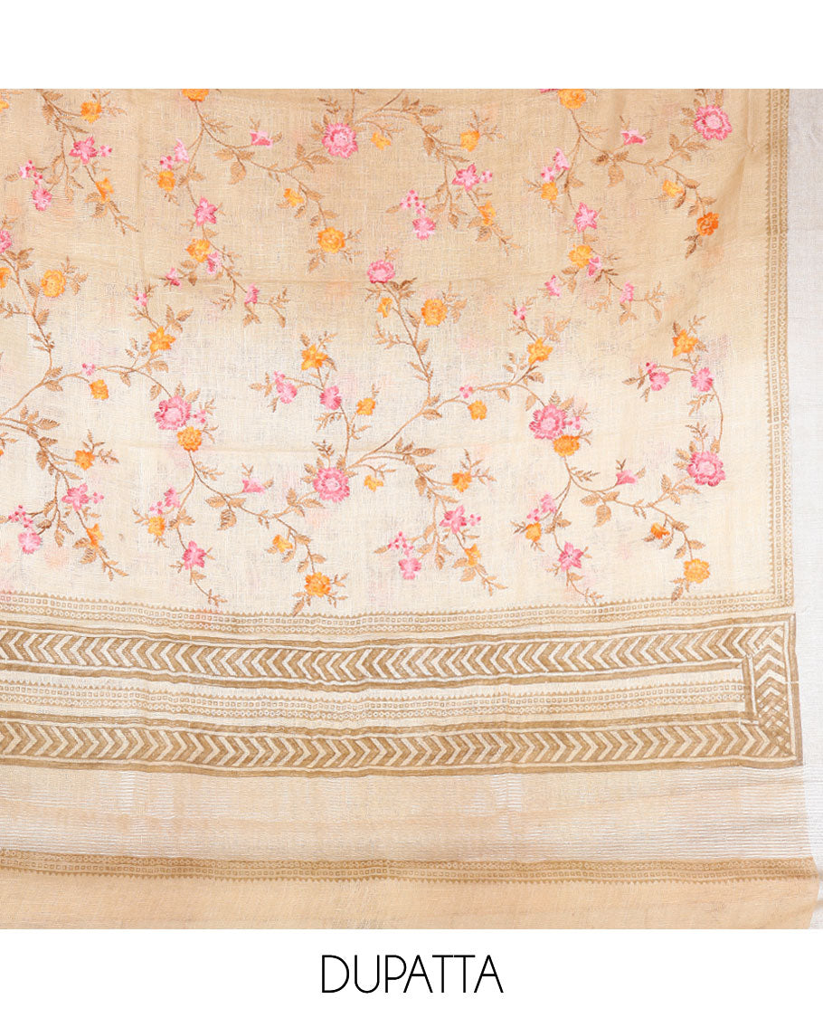 Sandal material chudidhar set, intricate design top, plain bottom & floral vine & geometric design dupatta