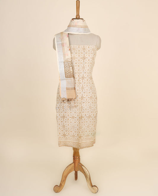 Sandal material chudidhar set, intricate design top, plain bottom & floral vine & geometric design dupatta