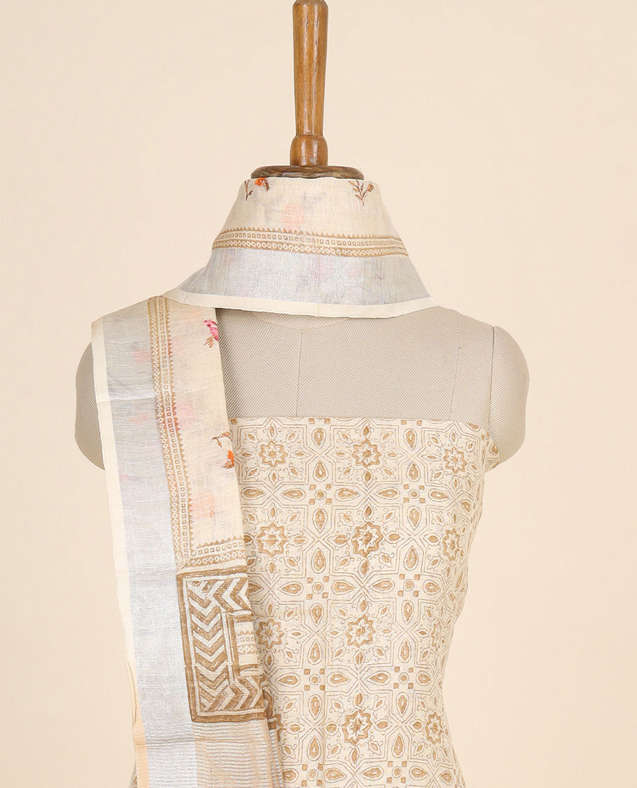 Sandal material chudidhar set, intricate design top, plain bottom & floral vine & geometric design dupatta