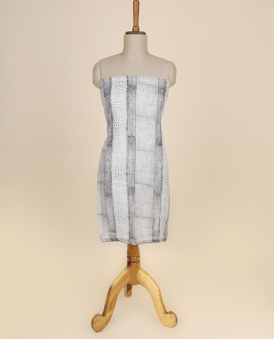 Grey material chudidhar set, geometric printed top,plain bottom & floral vine embroidered dupatta