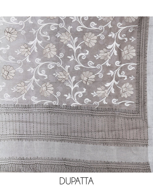 Grey material chudidhar set, geometric printed top,plain bottom & floral vine embroidered dupatta