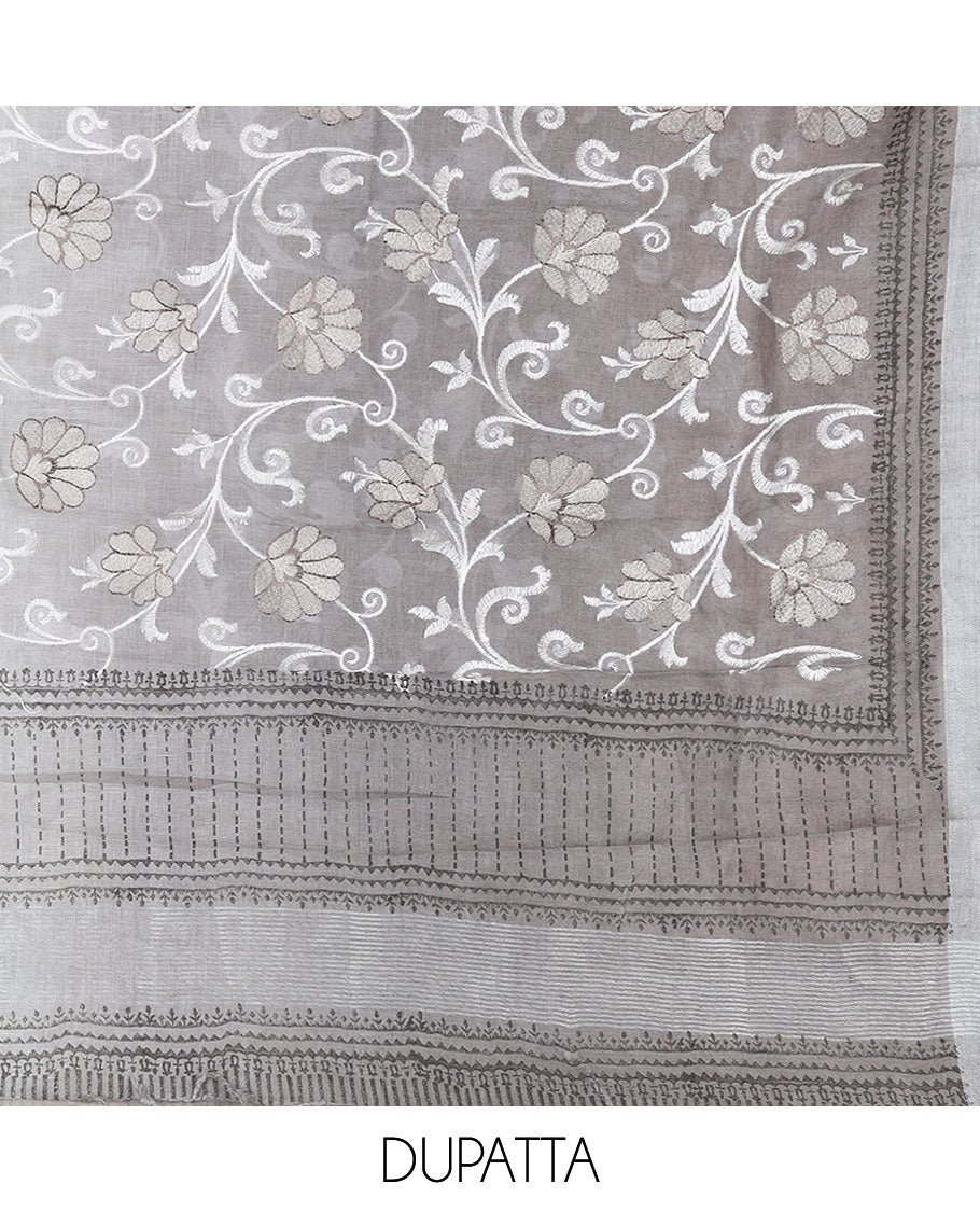 Grey material chudidhar set, geometric printed top,plain bottom & floral vine embroidered dupatta