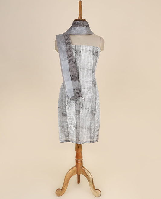 Grey material chudidhar set, geometric printed top,plain bottom & floral vine embroidered dupatta