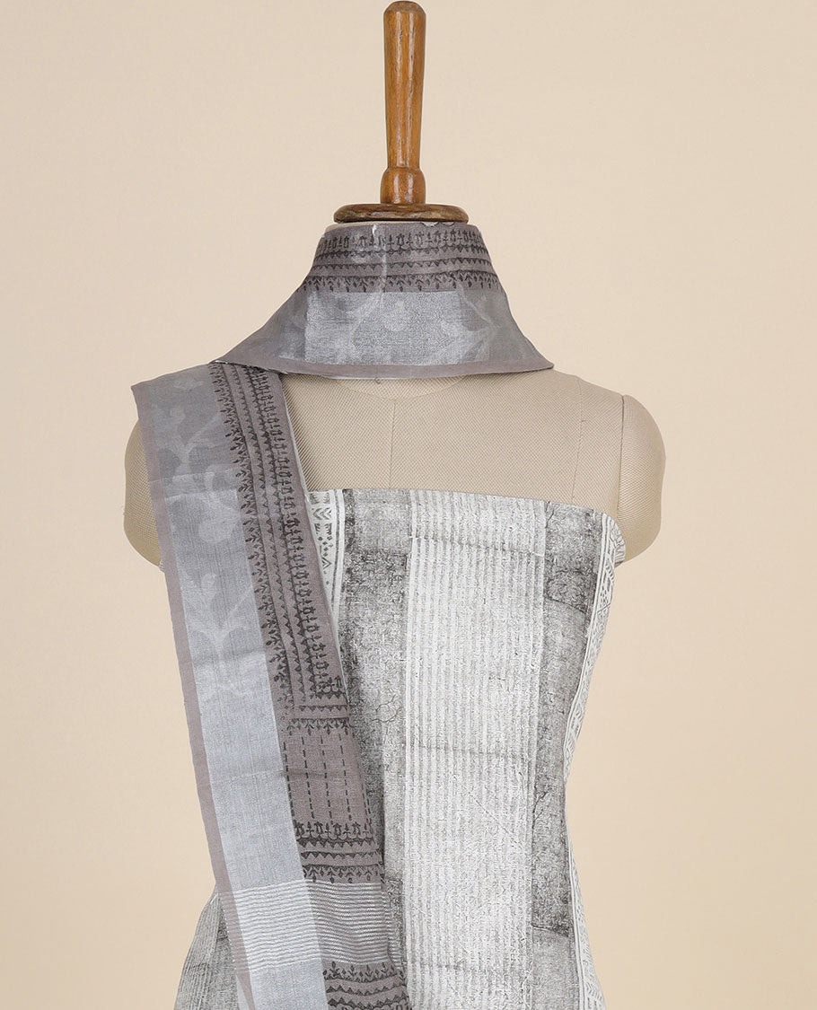 Grey material chudidhar set, geometric printed top,plain bottom & floral vine embroidered dupatta