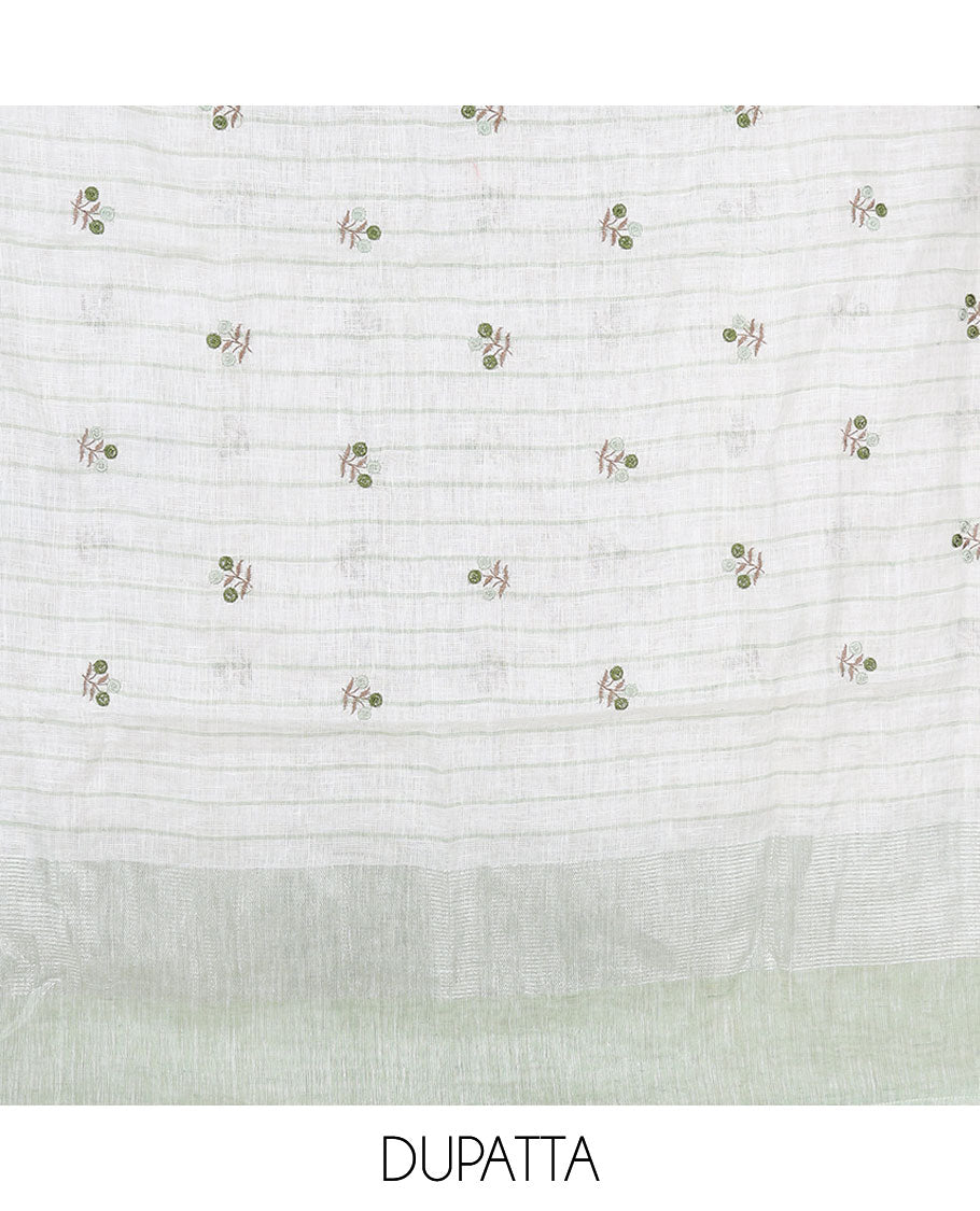 Green material chudidhar set, floral motifs thread embroidered top,plain bottom & floral embroidered dupatta