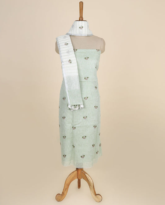 Green material chudidhar set, floral motifs thread embroidered top,plain bottom & floral embroidered dupatta