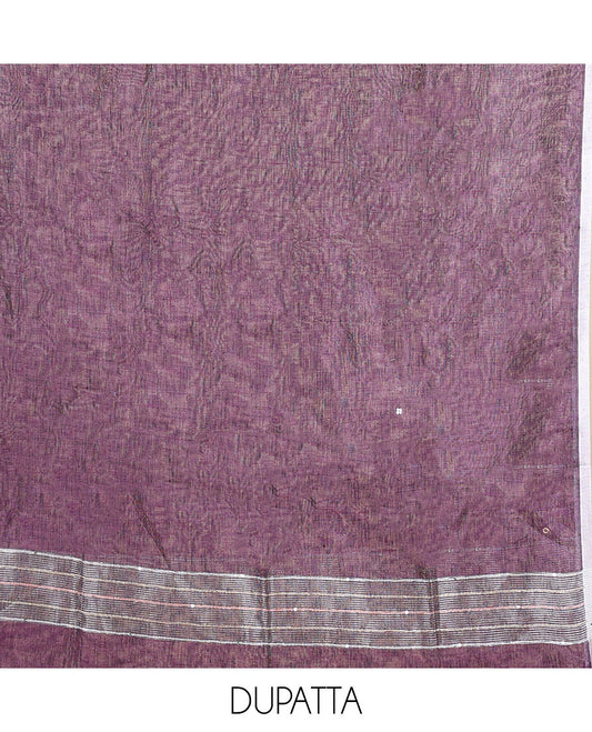 Purple material chudidhar set, thread embroidered top, plain bottom & sequins striped dupatta