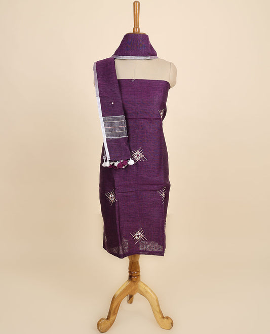 Purple material chudidhar set, thread embroidered top, plain bottom & sequins striped dupatta