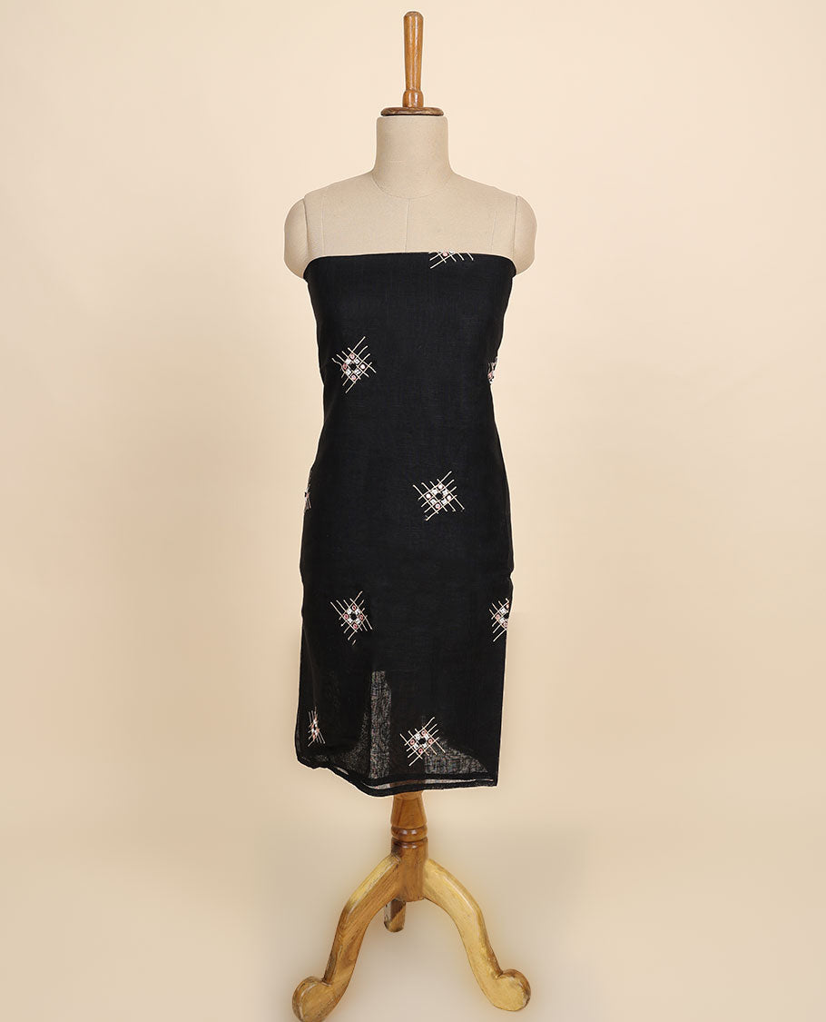 Black material chudidhar set, thread embroidered top, plain bottom & sequins striped dupatta