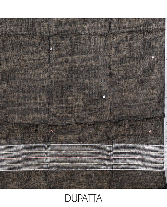 Black material chudidhar set, thread embroidered top, plain bottom & sequins striped dupatta
