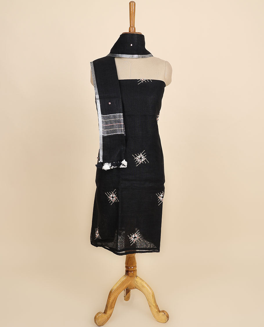 Black material chudidhar set, thread embroidered top, plain bottom & sequins striped dupatta