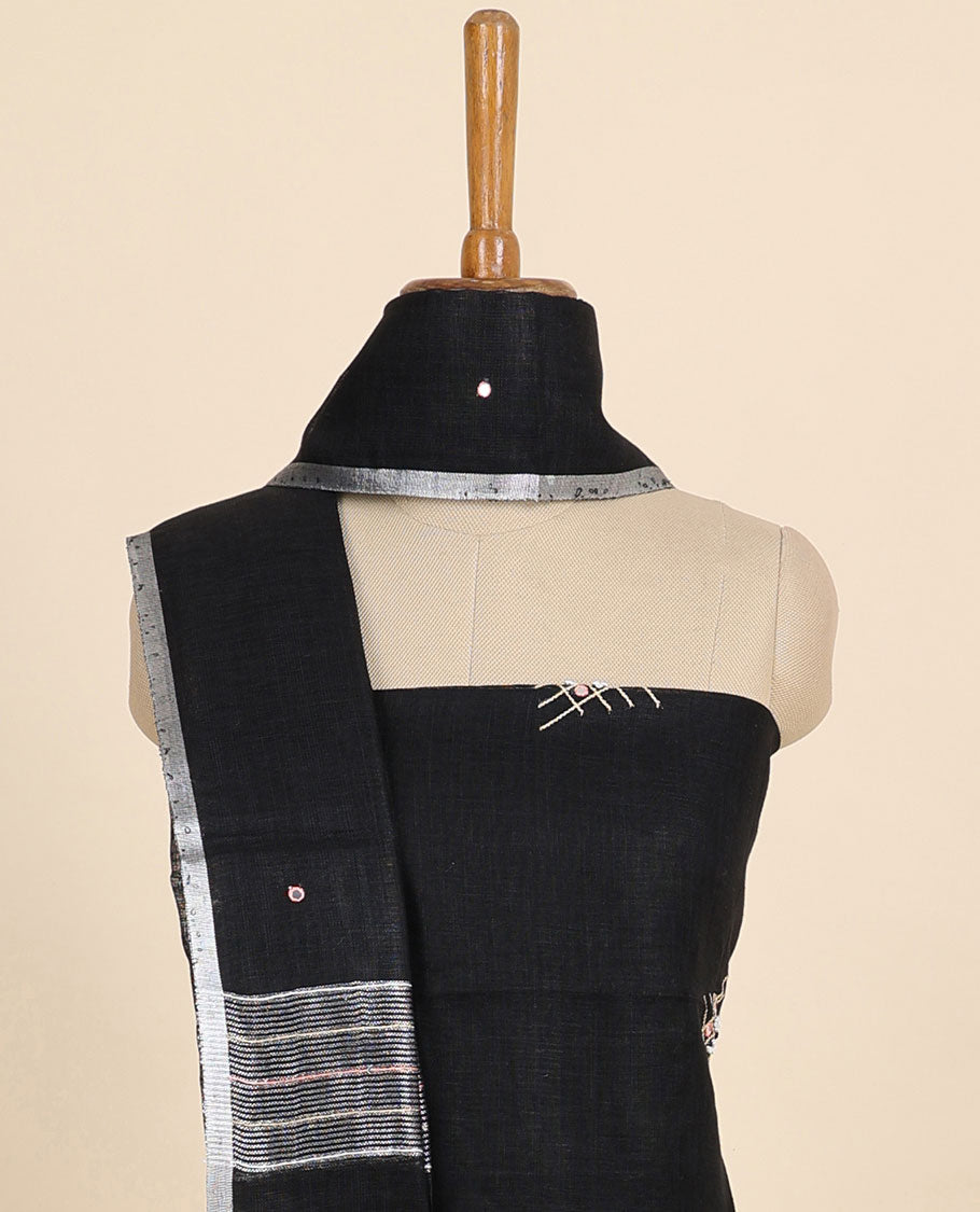 Black material chudidhar set, thread embroidered top, plain bottom & sequins striped dupatta