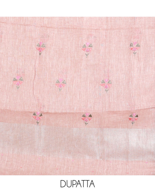 Peach material chudidhar set, floral motifs thread embroidered top, plain bottom & floral motifs embroidered dupatta