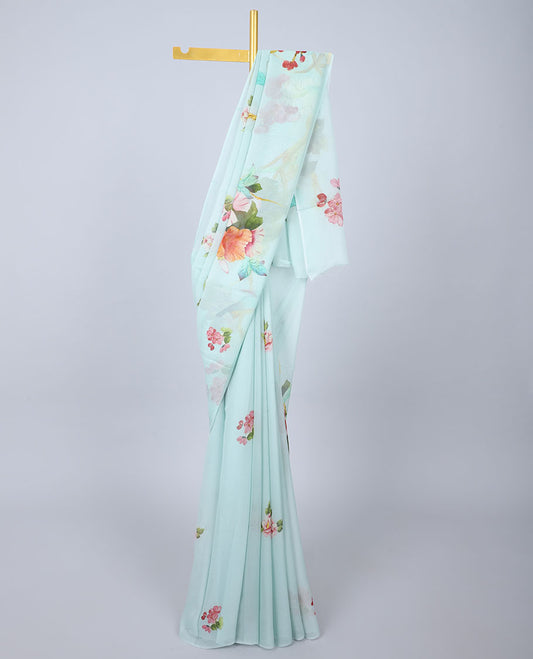 Borderless pastel blue floral motifs printed Semi banaras chiffon saree 