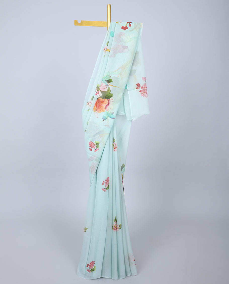 Borderless pastel blue floral motifs printed Semi banaras chiffon saree 