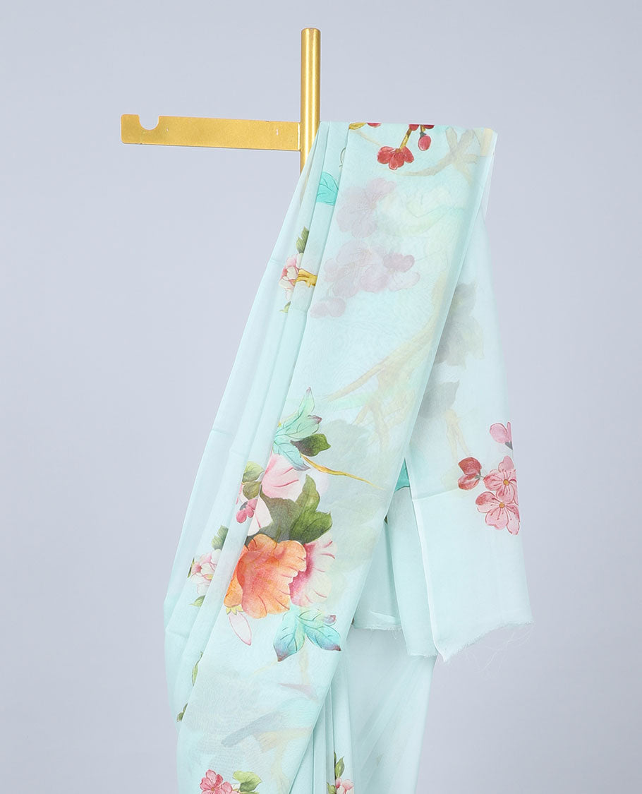 Borderless pastel blue floral motifs printed Semi banaras chiffon saree 