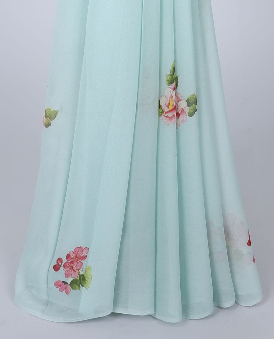 Borderless pastel blue floral motifs printed Semi banaras chiffon saree 