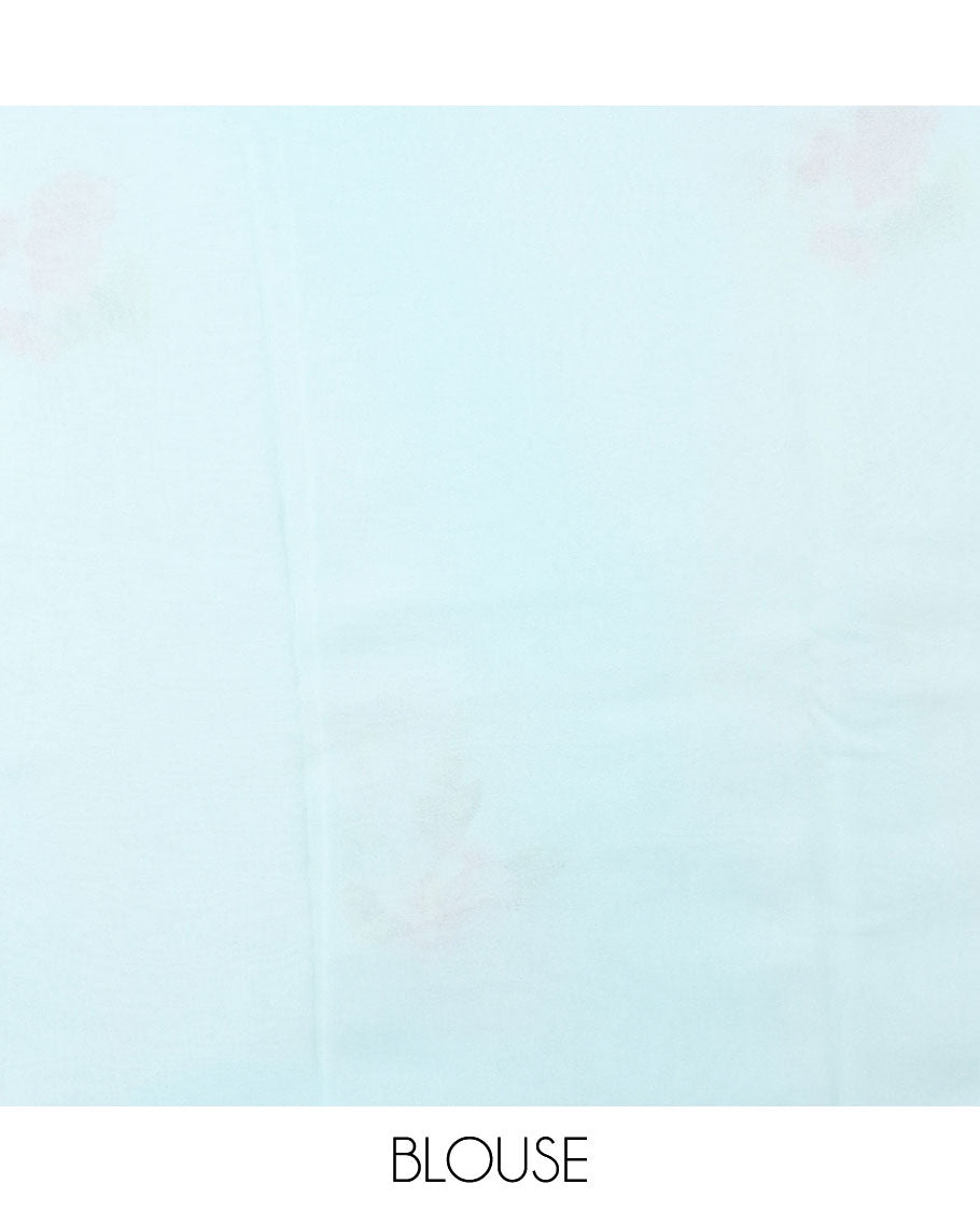 Borderless pastel blue floral motifs printed Semi banaras chiffon saree 
