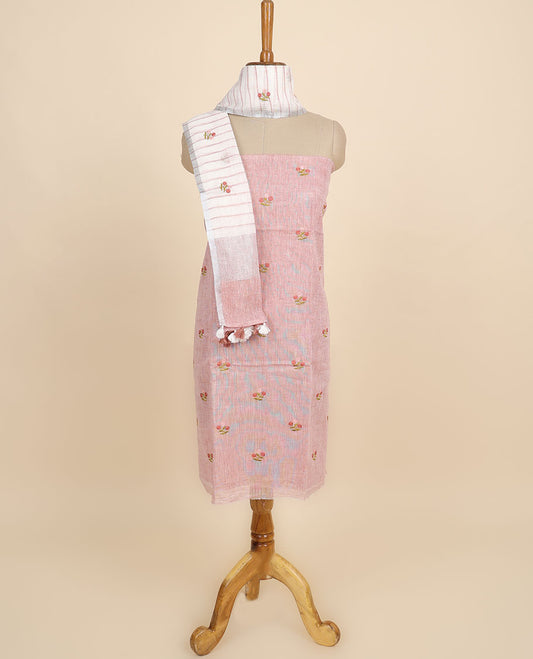 Pink material chudidhar set, floral motifs thread embroidered top, plain bottom & floral thread embroidered dupatta