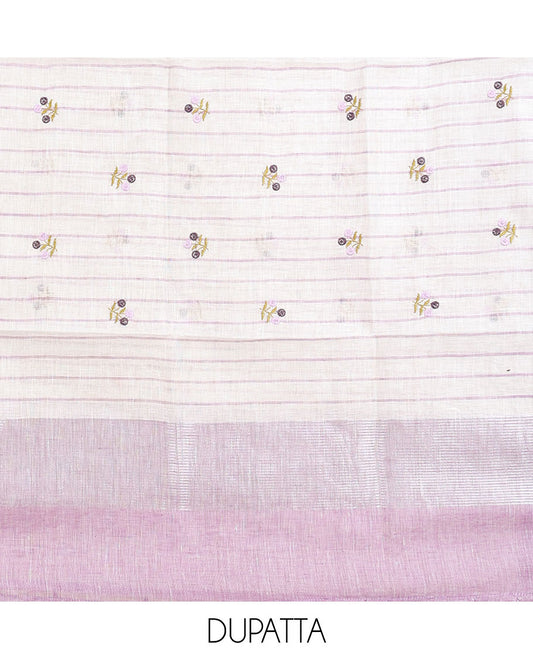 Lavender material chudidhar set, floral motifs thread embroidered top, plain bottom & floral thread embroidered dupatta