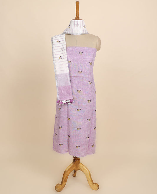 Lavender material chudidhar set, floral motifs thread embroidered top, plain bottom & floral thread embroidered dupatta