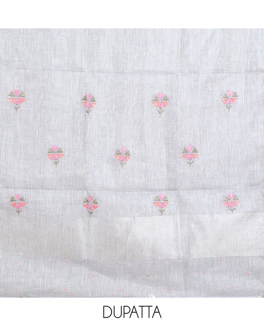 Blue material chudidhar set, floral motifs thread embroidered top,plain bottom & floral embroidered dupatta