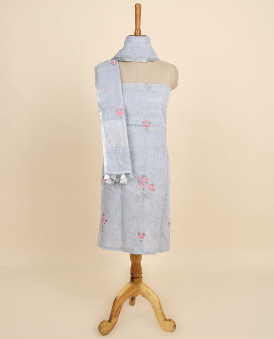 Blue material chudidhar set, floral motifs thread embroidered top,plain bottom & floral embroidered dupatta
