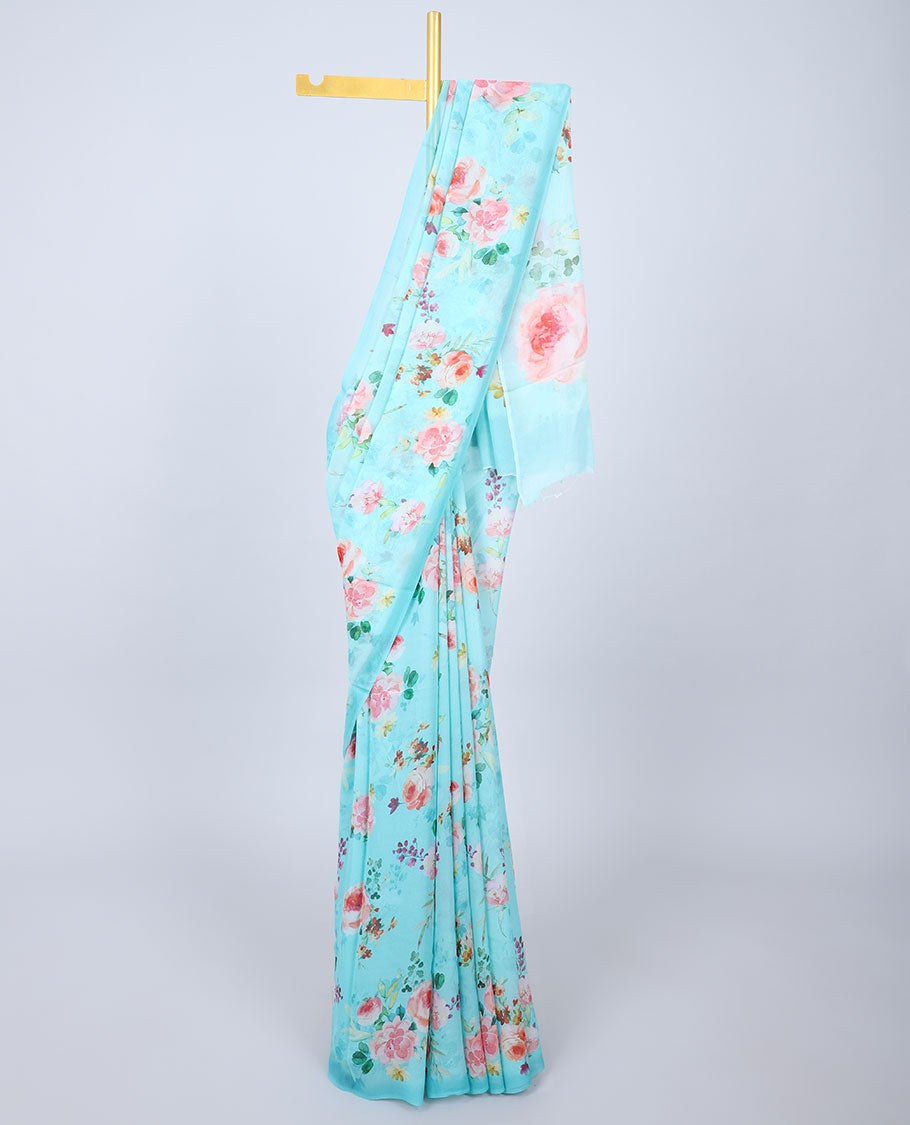 Borderless blue colorful floral motifs printed Semi banaras chiffon saree 