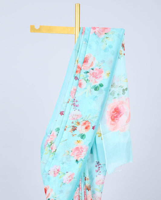 Borderless blue colorful floral motifs printed Semi banaras chiffon saree 