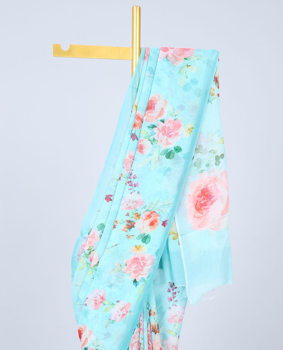 Borderless blue colorful floral motifs printed Semi banaras chiffon saree 
