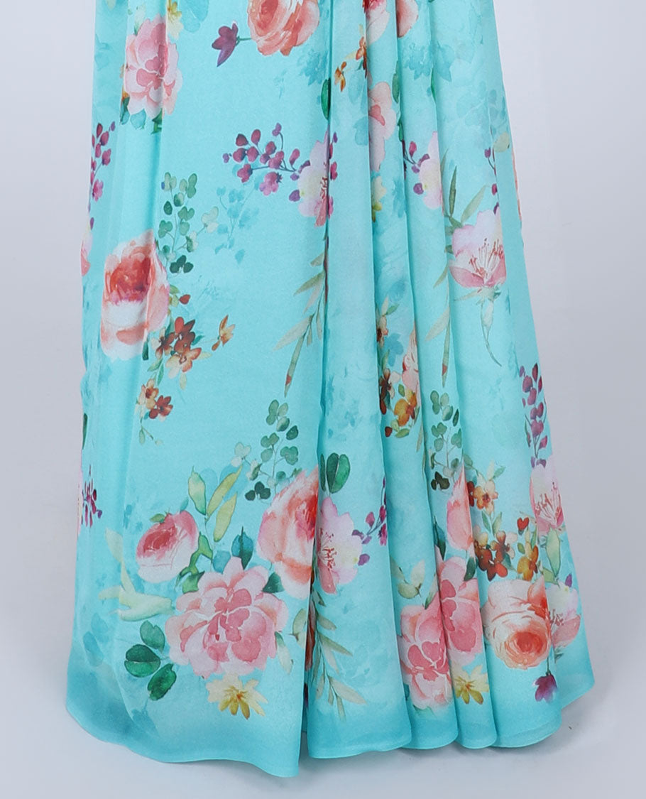 Borderless blue colorful floral motifs printed Semi banaras chiffon saree 