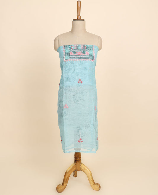 Blue material chudidhar set, floral print & embroidery kora silk top, plain bottom & floral printed dupatta