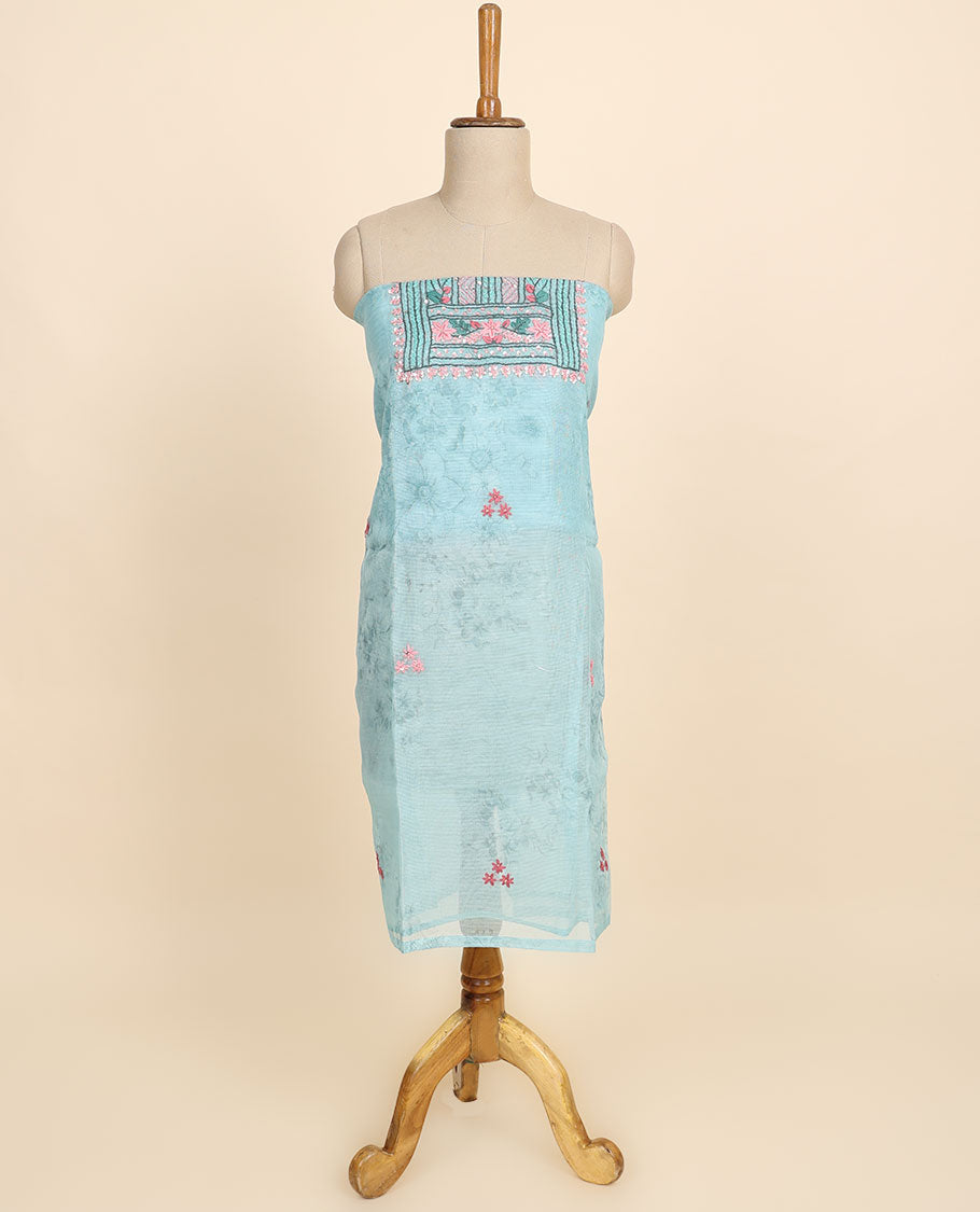 Blue material chudidhar set, floral print & embroidery kora silk top, plain bottom & floral printed dupatta