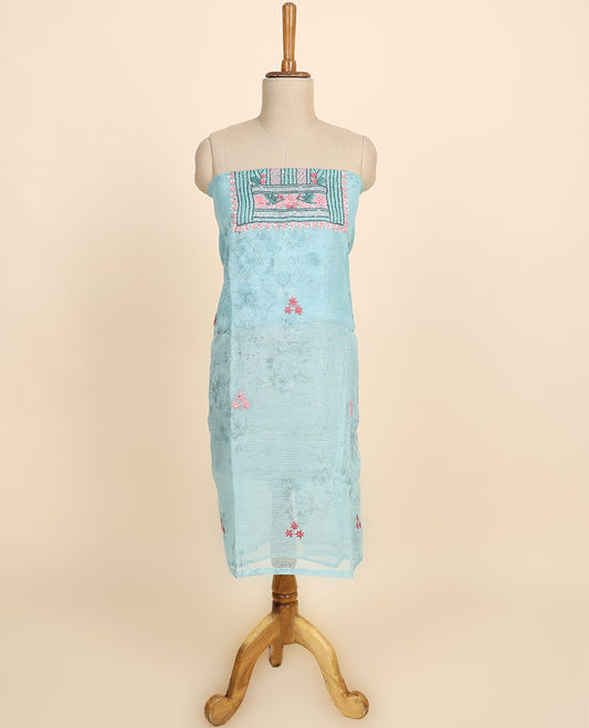 Blue material chudidhar set, floral print & embroidery kora silk top, plain bottom & floral printed dupatta
