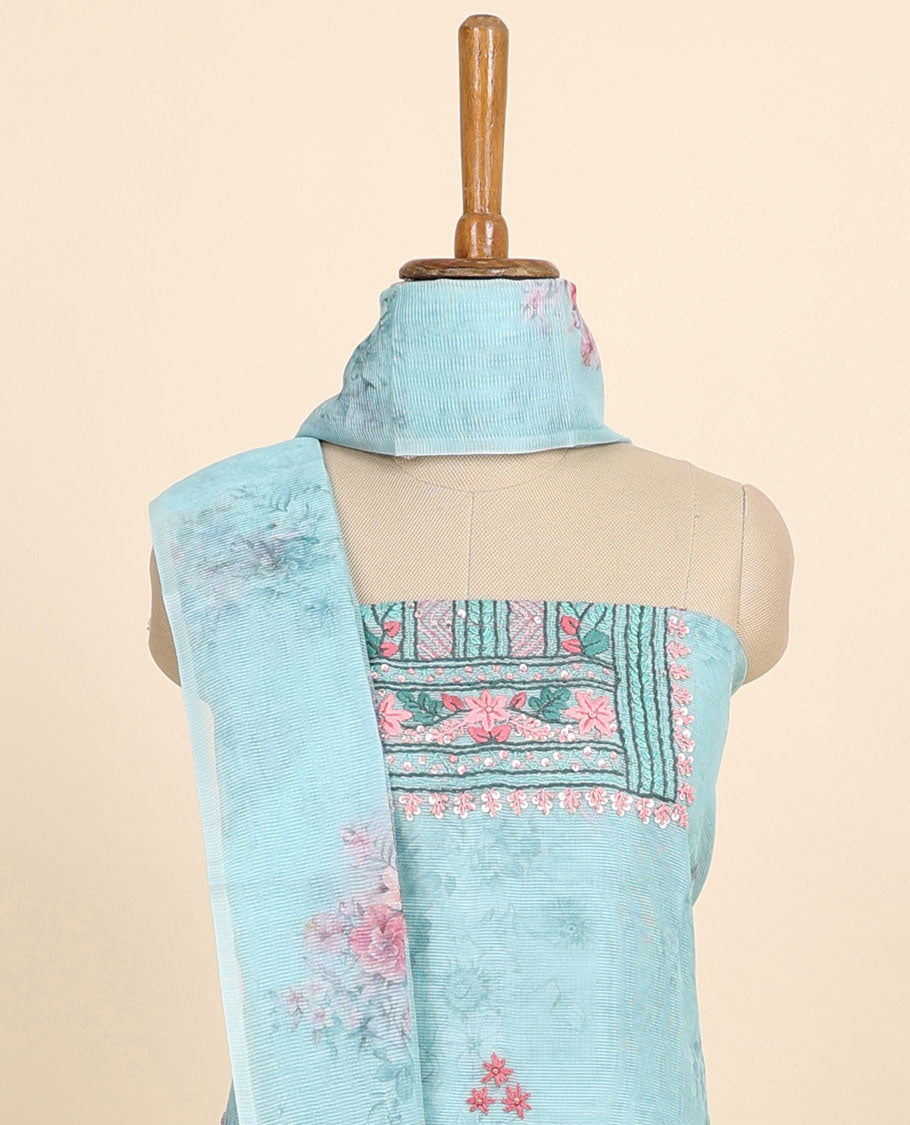 Blue material chudidhar set, floral print & embroidery kora silk top, plain bottom & floral printed dupatta