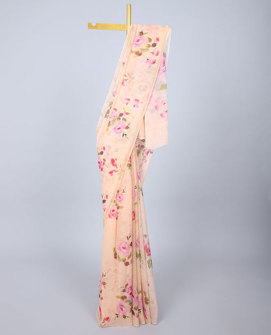 Semi banaras chiffon Borderless peach rose floral motifs printed semi-chiffon saree 