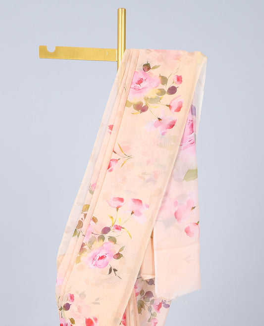 Semi banaras chiffon Borderless peach rose floral motifs printed semi-chiffon saree 