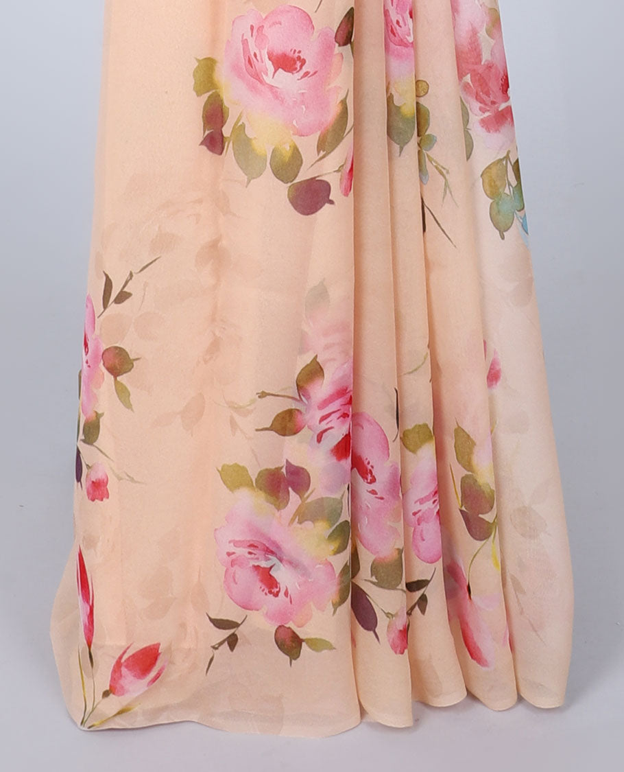 Semi banaras chiffon Borderless peach rose floral motifs printed semi-chiffon saree 