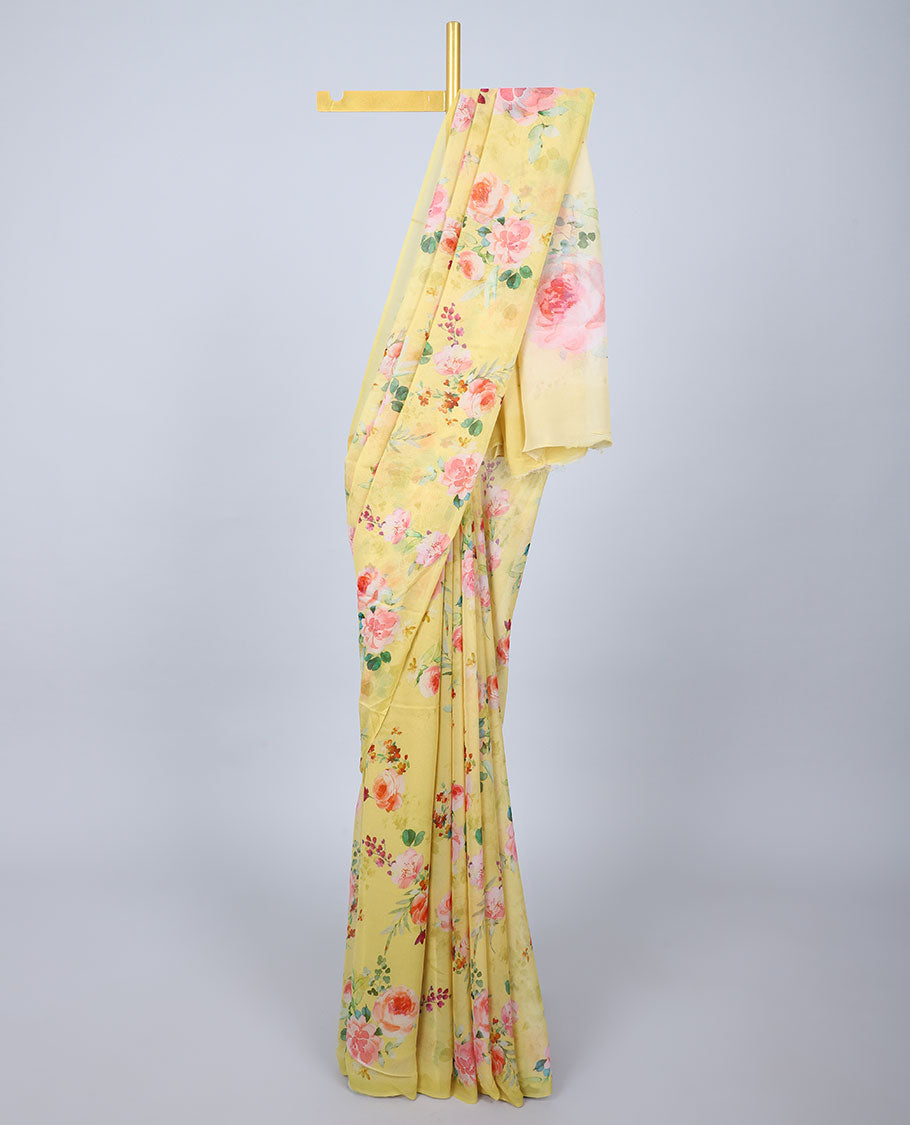 Borderless yellow rose floral motifs printed georgette saree 