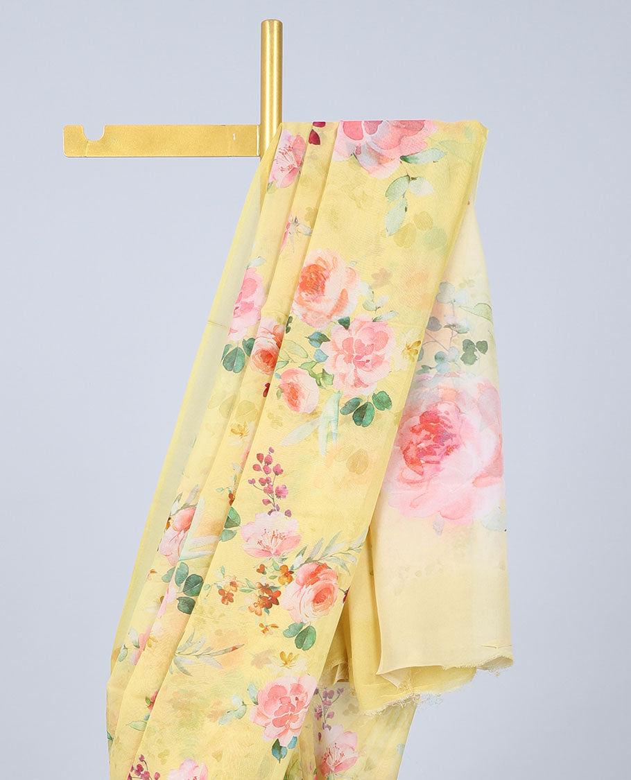 Borderless yellow rose floral motifs printed georgette saree 