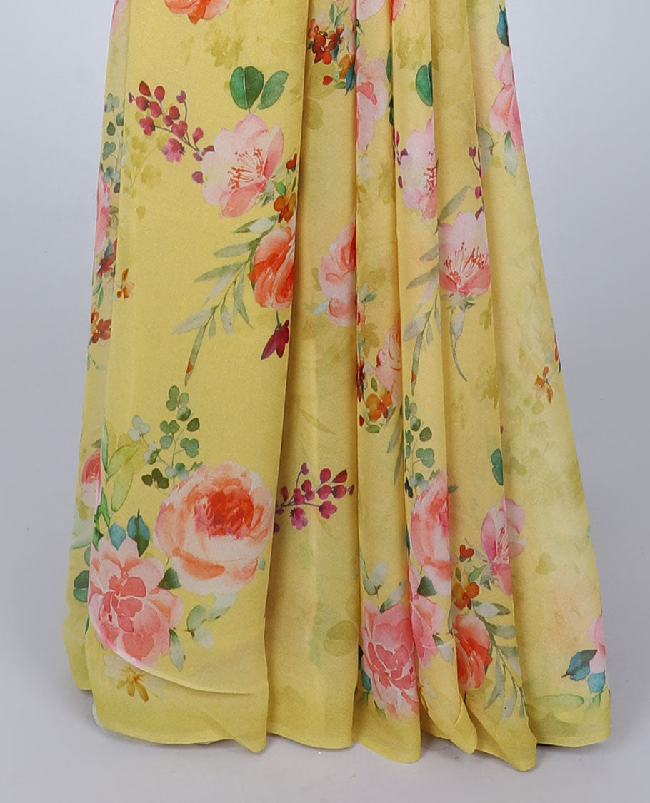 Borderless yellow rose floral motifs printed georgette saree 