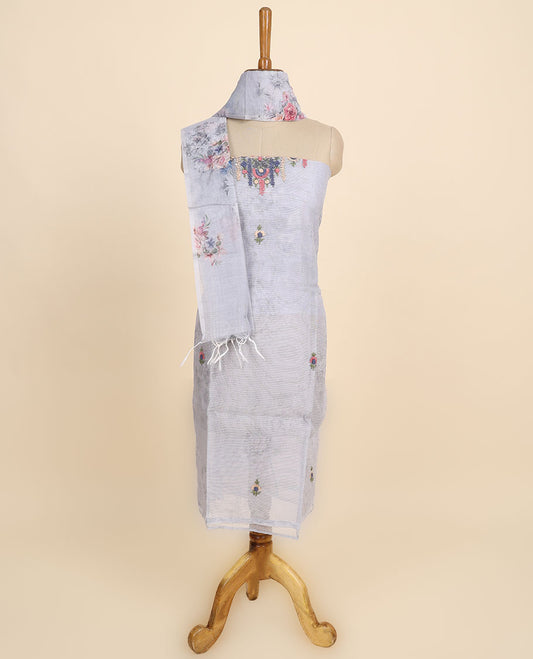 Grey material chudidhar set, floral print & embroidery kora silk top, plain bottom & floral printed dupatta