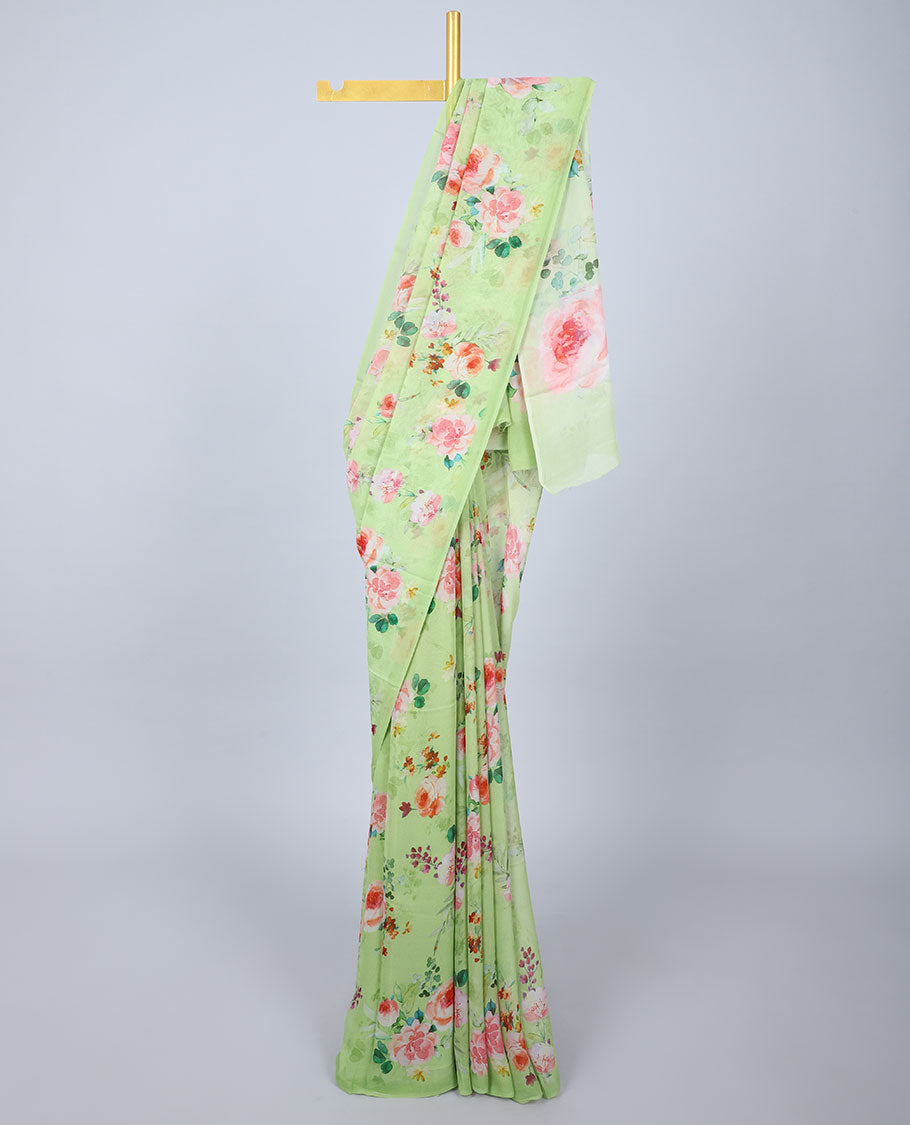 Semi banaras chiffon Borderless green rose floral motifs printed semi-chiffon saree 