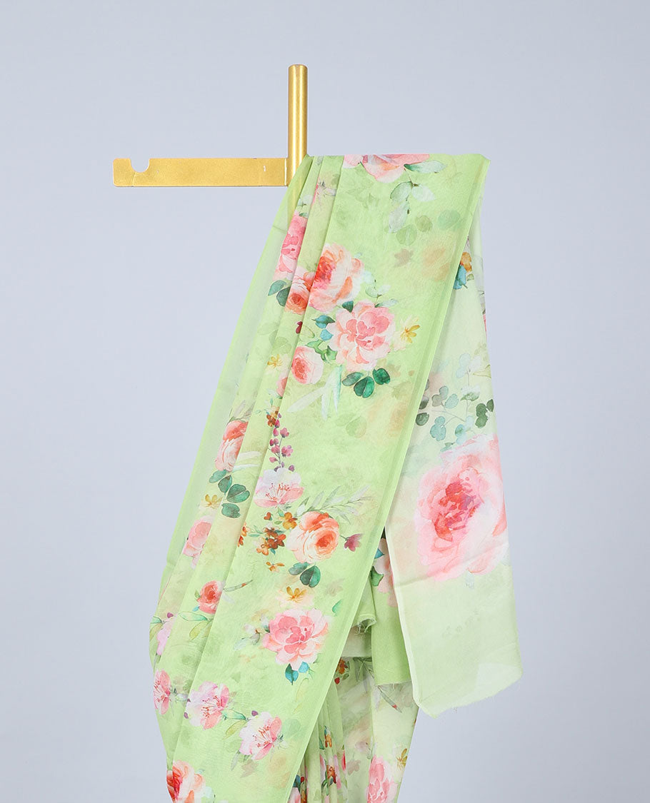 Semi banaras chiffon Borderless green rose floral motifs printed semi-chiffon saree 