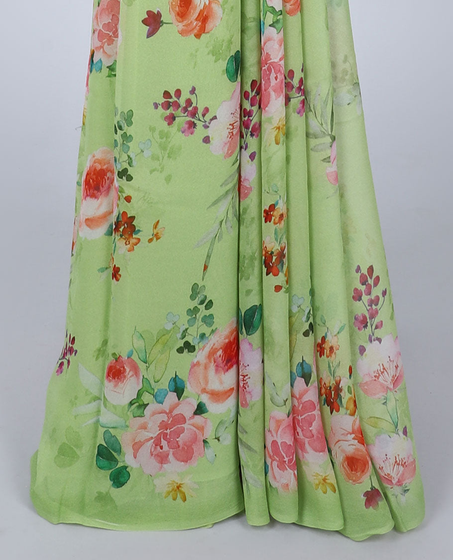 Semi banaras chiffon Borderless green rose floral motifs printed semi-chiffon saree 