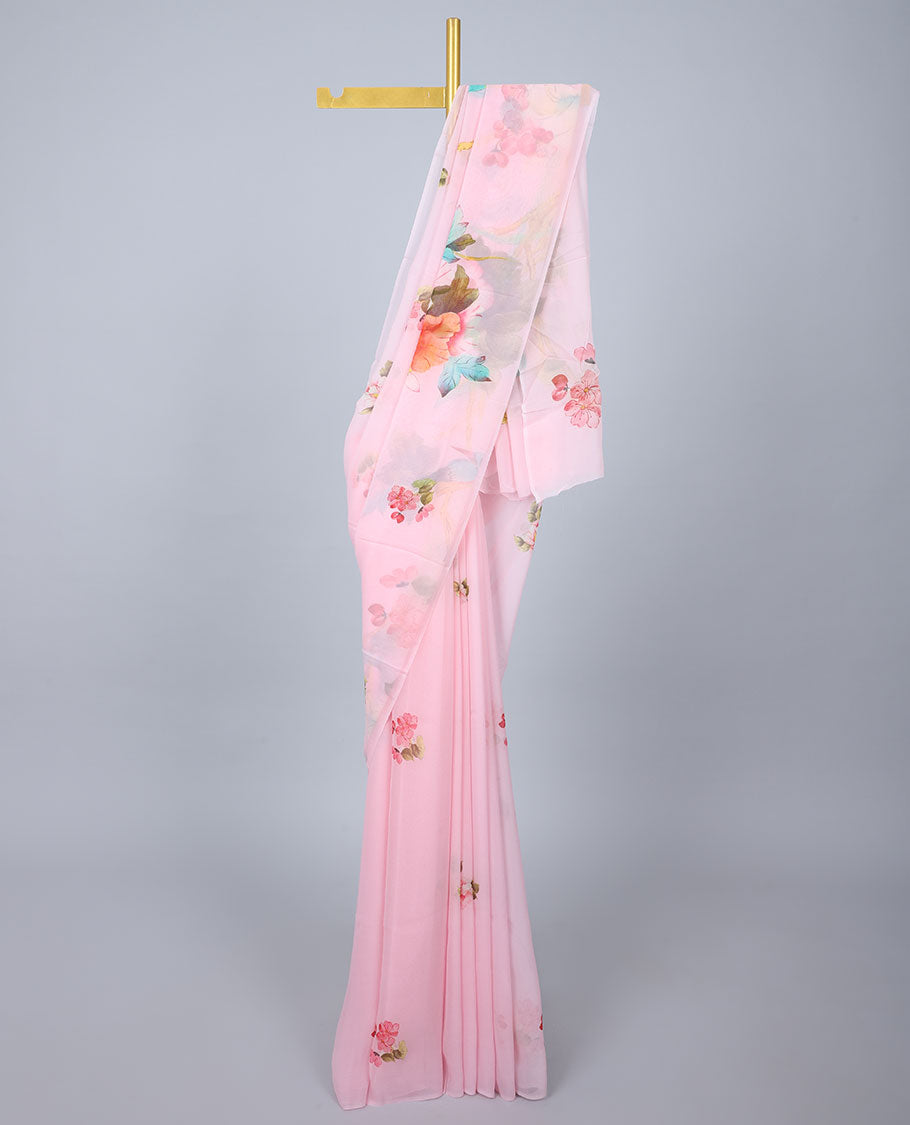 Semi banaras chiffon Borderless light pink floral motifs printed semi-chiffon saree 