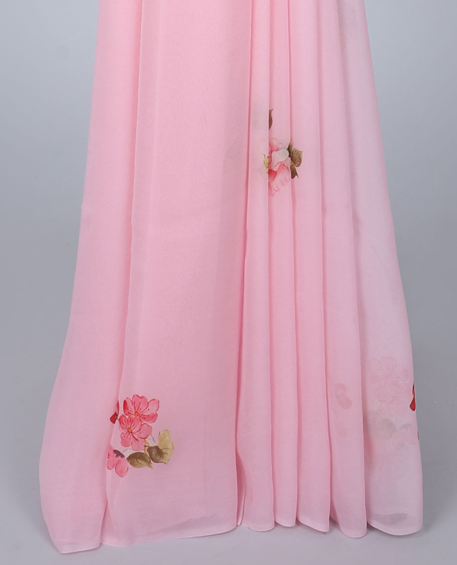 Semi banaras chiffon Borderless light pink floral motifs printed semi-chiffon saree 