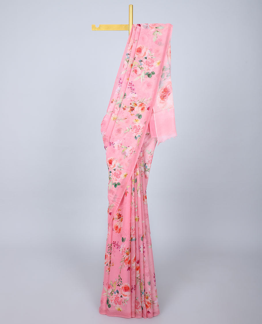 Semi banaras chiffon Borderless light pink colorful floral motifs printed semi-chiffon saree 