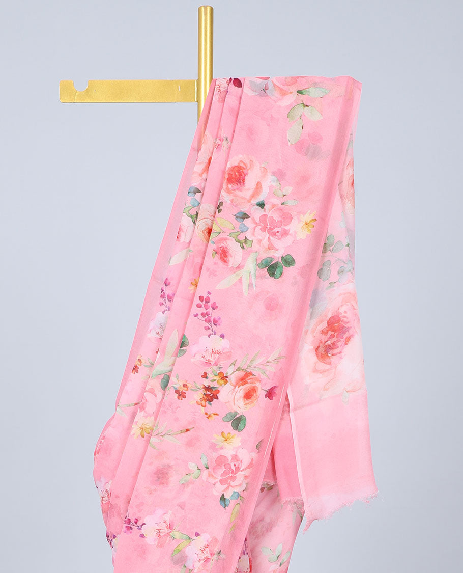 Semi banaras chiffon Borderless light pink colorful floral motifs printed semi-chiffon saree 