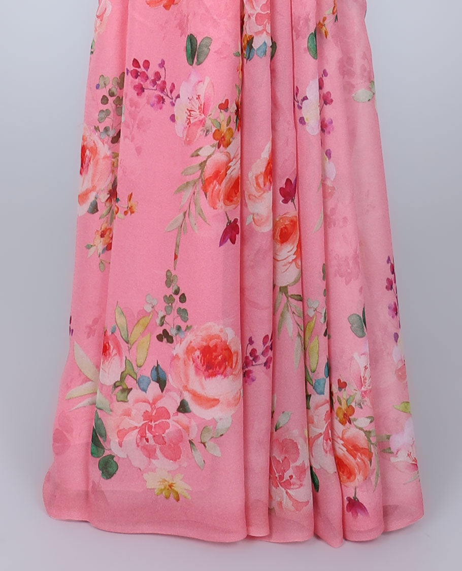 Semi banaras chiffon Borderless light pink colorful floral motifs printed semi-chiffon saree 